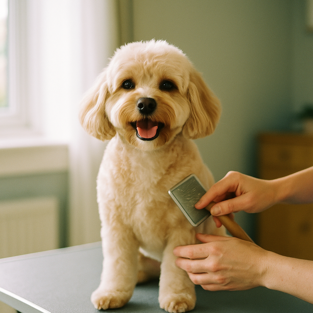 A freshly groomed cavapoo being brushed by a mobile dog groomer