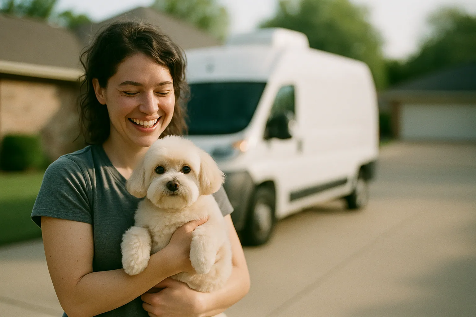 A smiling mobile dog groomer holding a freshly groomed dog beside a grooming van